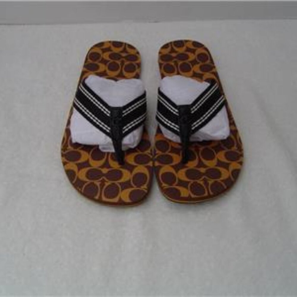 NEW MENS COACH SADDLE AND PAPAYA SIGNATURE PRINT FLIP FLOPS #C8896 SIZE 8
